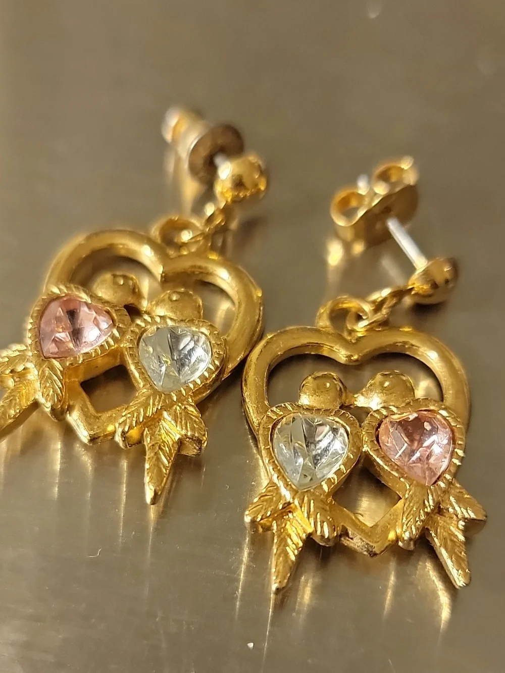 Gold Heart Dangle Earrings with Pink and Clear Stones - Women Jewelry